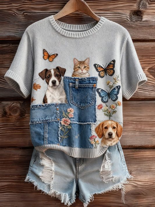 Γυναικείο καλλιτεχνικό ζώο εκτύπωση άνετο πλεκτό κοντό μανίκι κορυφού