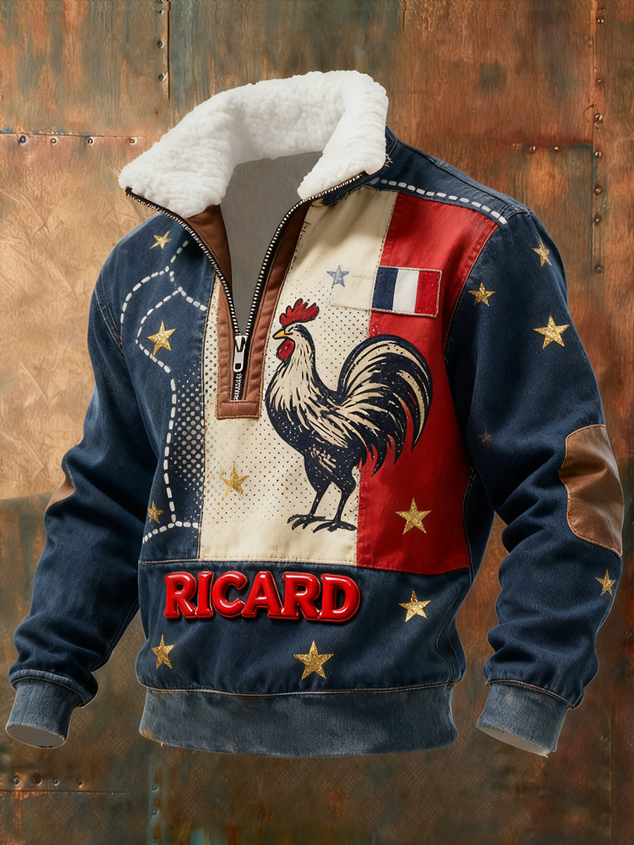 Ανδρικά Vintage γαλλική σημαία Ricard Casual Zip-Up γούνα κολάρο