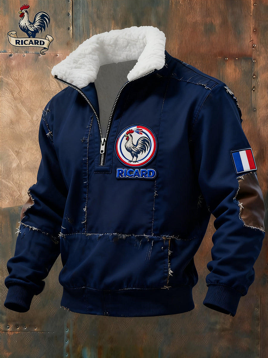 Ανδρικά Vintage γαλλική σημαία Ricard Casual Zip-Up γούνα κολάρο