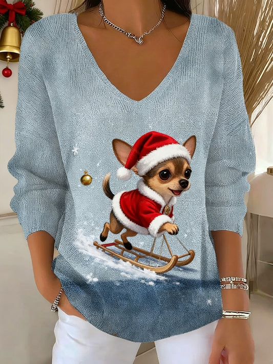 Γυναικείο Vintage Χριστουγεννιάτικο Ζώο εκτύπωση Casual μακριά μανίκι κορυφαίο