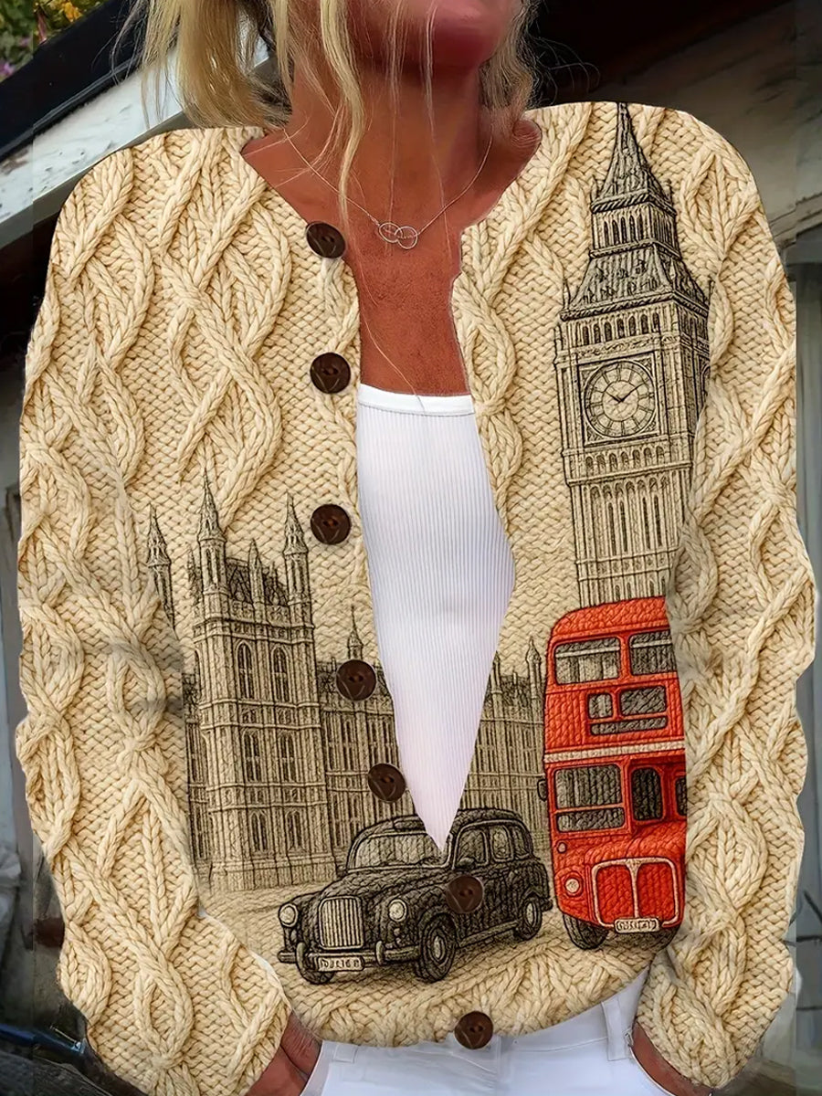 Γυναικείο Vintage Χριστουγεννιάτικο Τέχνη Εκτύπωση Άνετο πουλόβερ σακάκι.