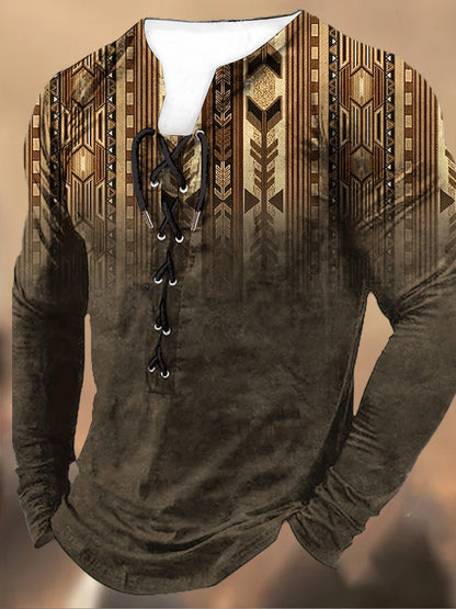 Ανδρικά Retro εκτύπωση Δαντέλα-Up κουκούλα μακριά μανίκι περιστασιακή κορυφή κορυφαίο