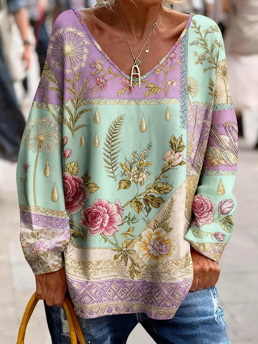 Γυναικείο Vintage Bohemian Floral Τέχνη Εκτύπωση άνετο πουλόβερ κορυφαίο
