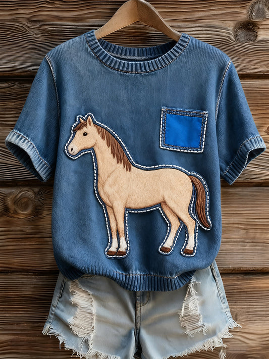 Γυναικείο καλλιτεχνικό ζώο εκτύπωση άνετο πλεκτό κοντό μανίκι κορυφού