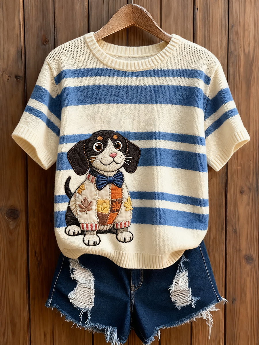 Γυναικείο καλλιτεχνικό ζώο εκτύπωση άνετο πλεκτό κοντό μανίκι κορυφού