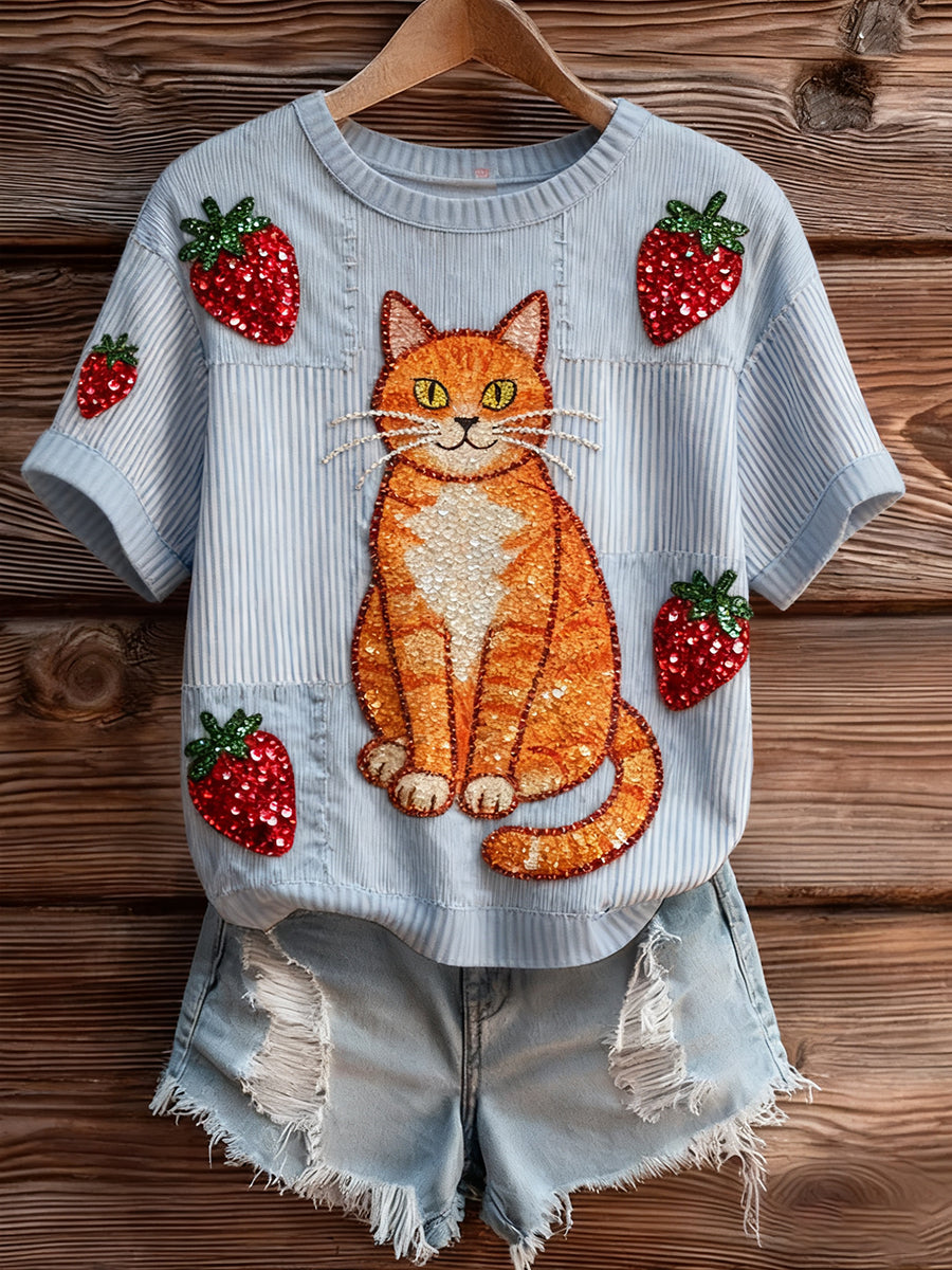 Γυναικείο καλλιτεχνικό ζώο εκτύπωση άνετο πλεκτό κοντό μανίκι κορυφού