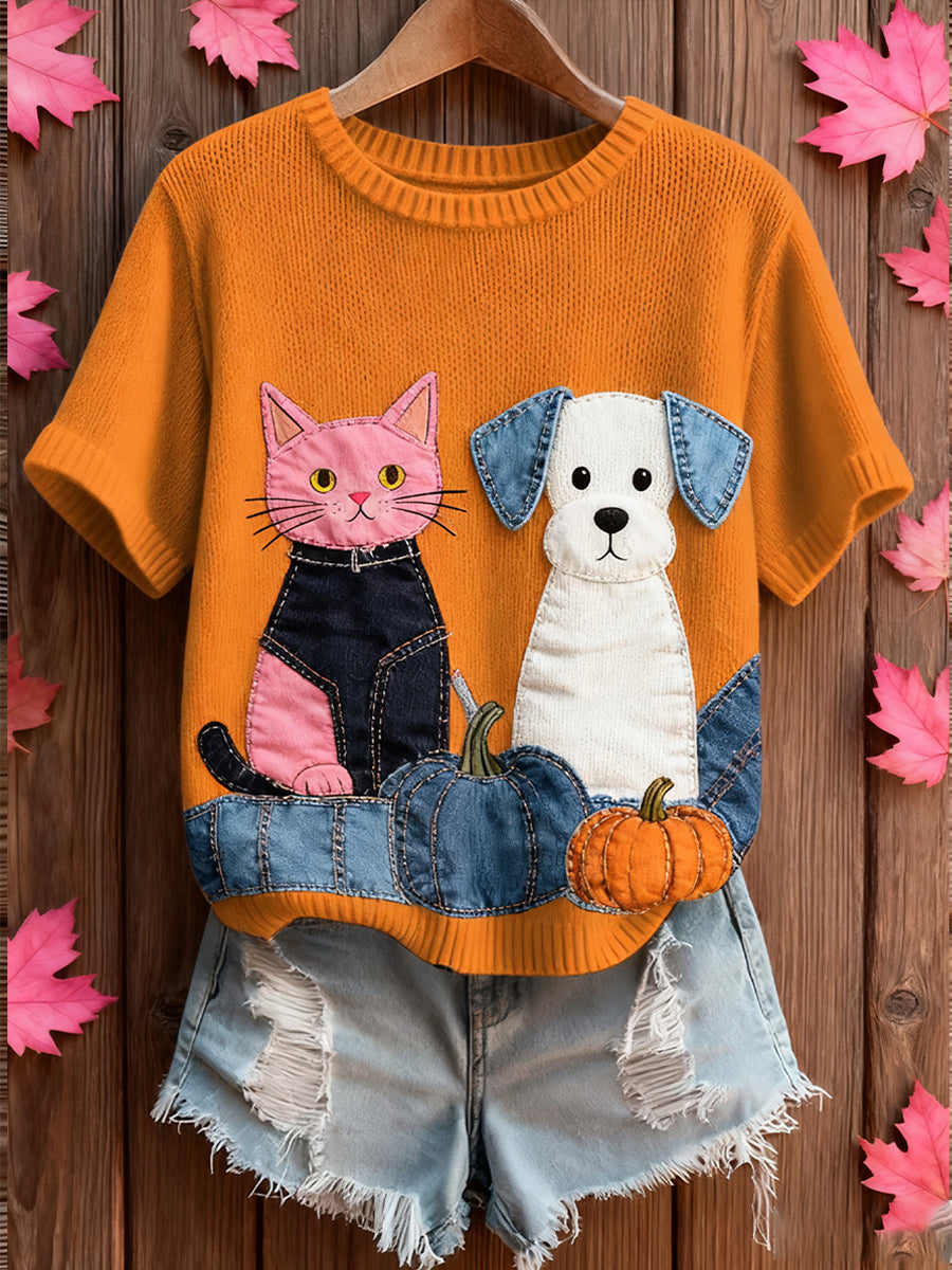 Γυναικείο καλλιτεχνικό ζώο εκτύπωση άνετο πλεκτό κοντό μανίκι κορυφού