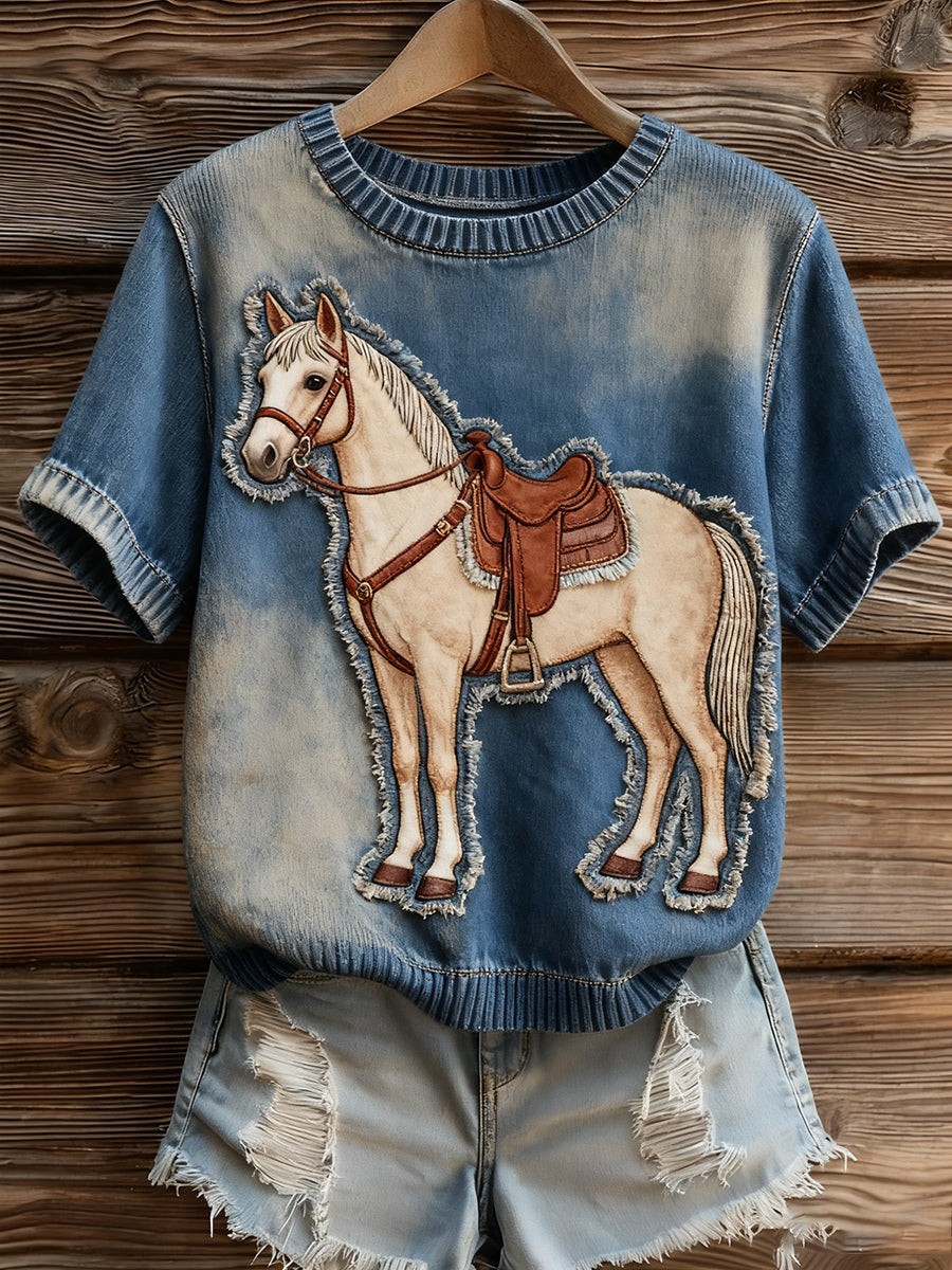 Γυναικείο καλλιτεχνικό ζώο εκτύπωση άνετο πλεκτό κοντό μανίκι κορυφού