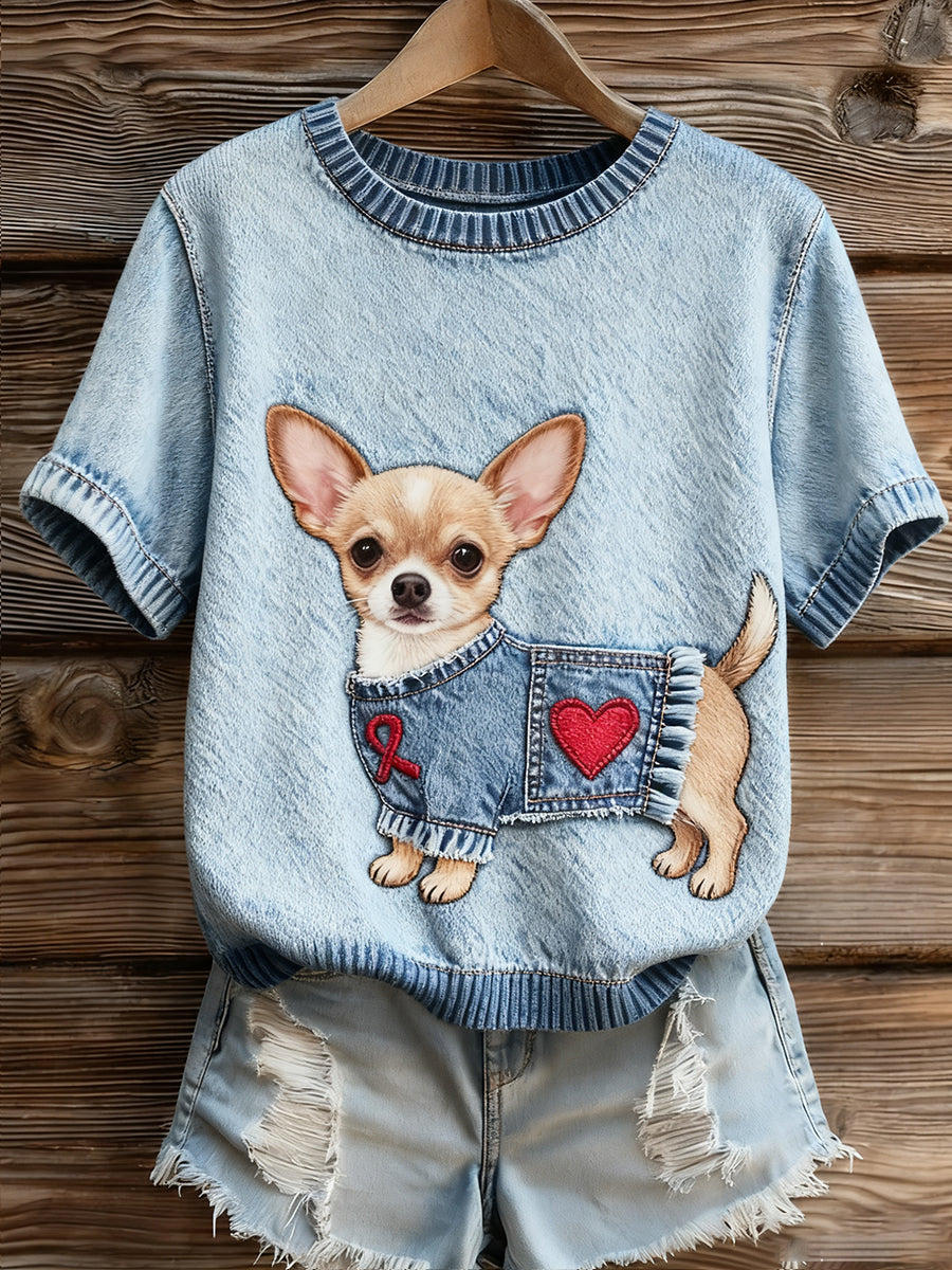 Γυναικείο καλλιτεχνικό ζώο εκτύπωση άνετο πλεκτό κοντό μανίκι κορυφού