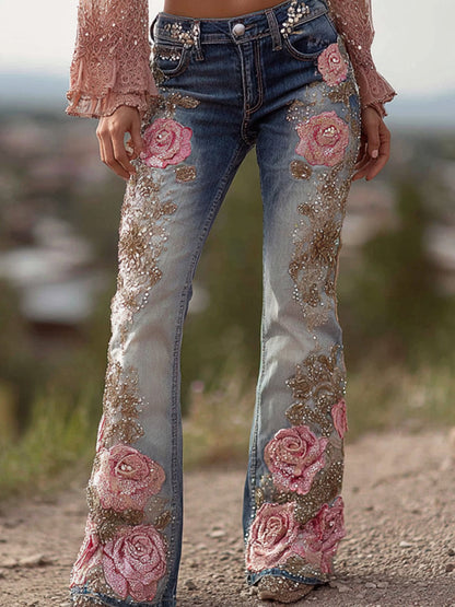 Γυναικεία ανθοπωλεία τέχνη Denim φωτιά παντελόνια