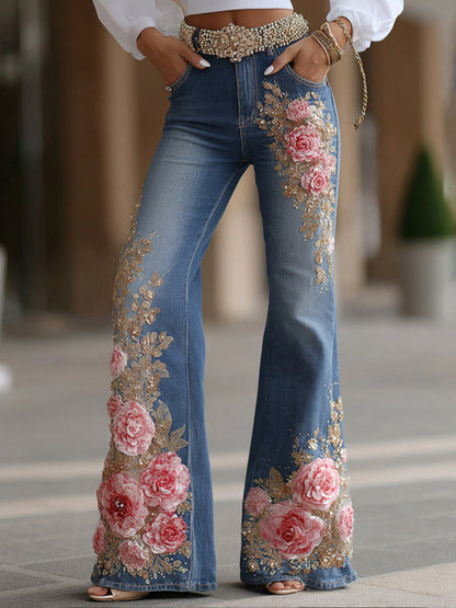 Γυναικεία ανθοπωλεία τέχνη Denim φωτιά παντελόνια