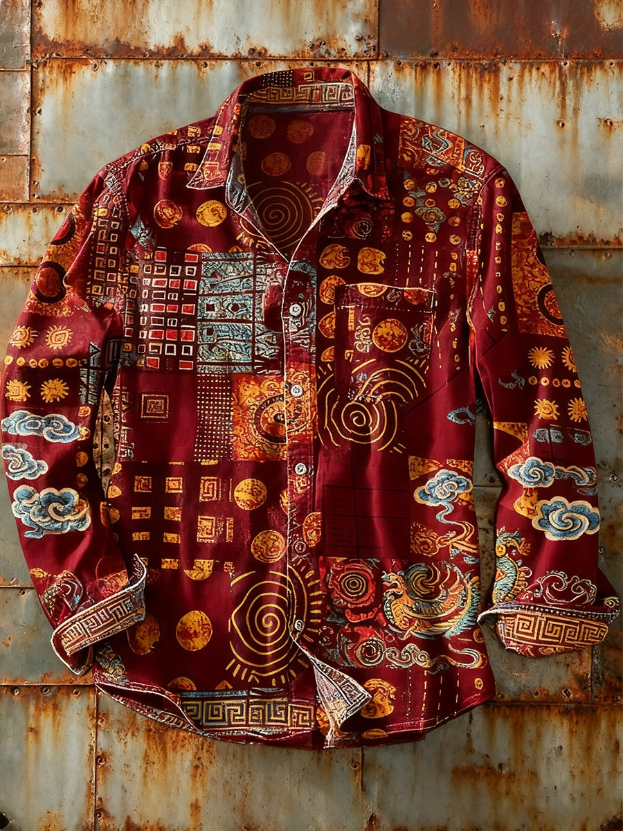 Ανδρικά Retro Αφηρημένη Τέχνη Εκτύπωση περίπτωση μακριά μανίκι πουκάμιση