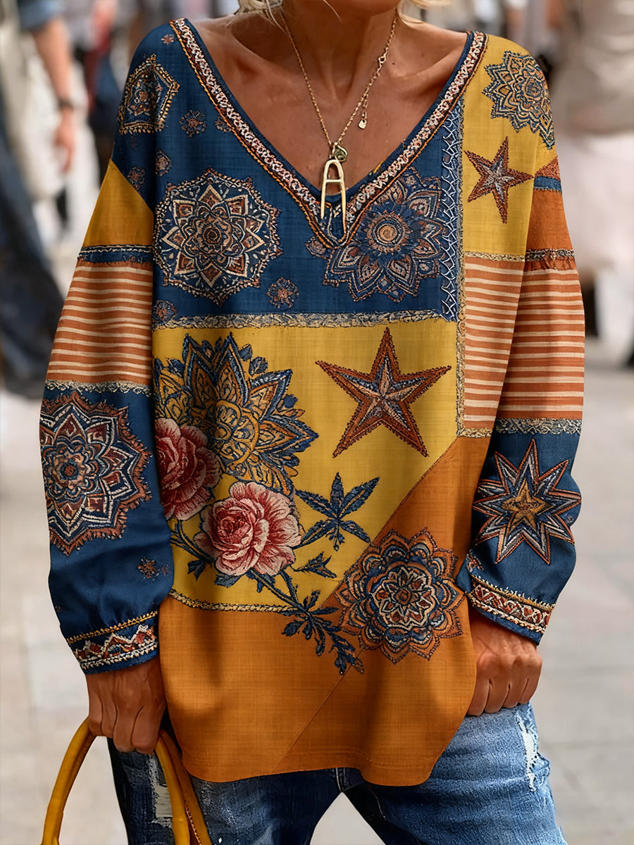 Women's Vintage Art Floral Print Comfort Top