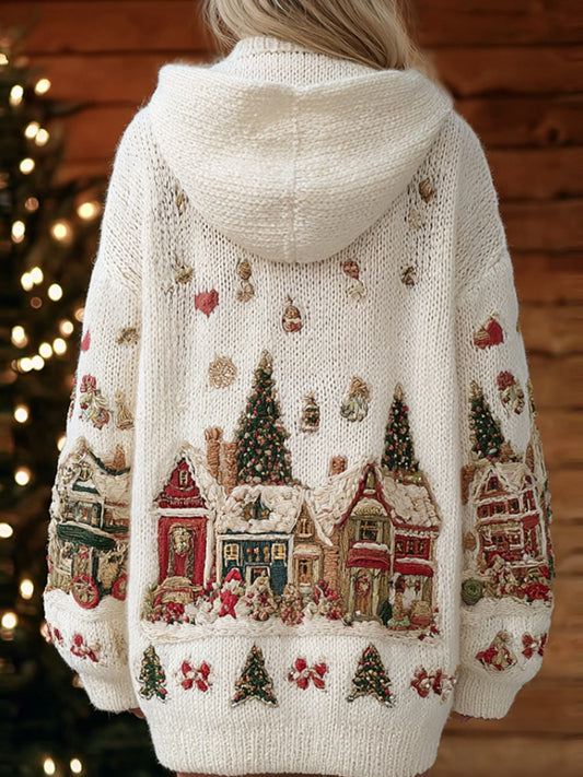 Women's Retro Christmas Art Print Casual Midi Hooded Cardigan