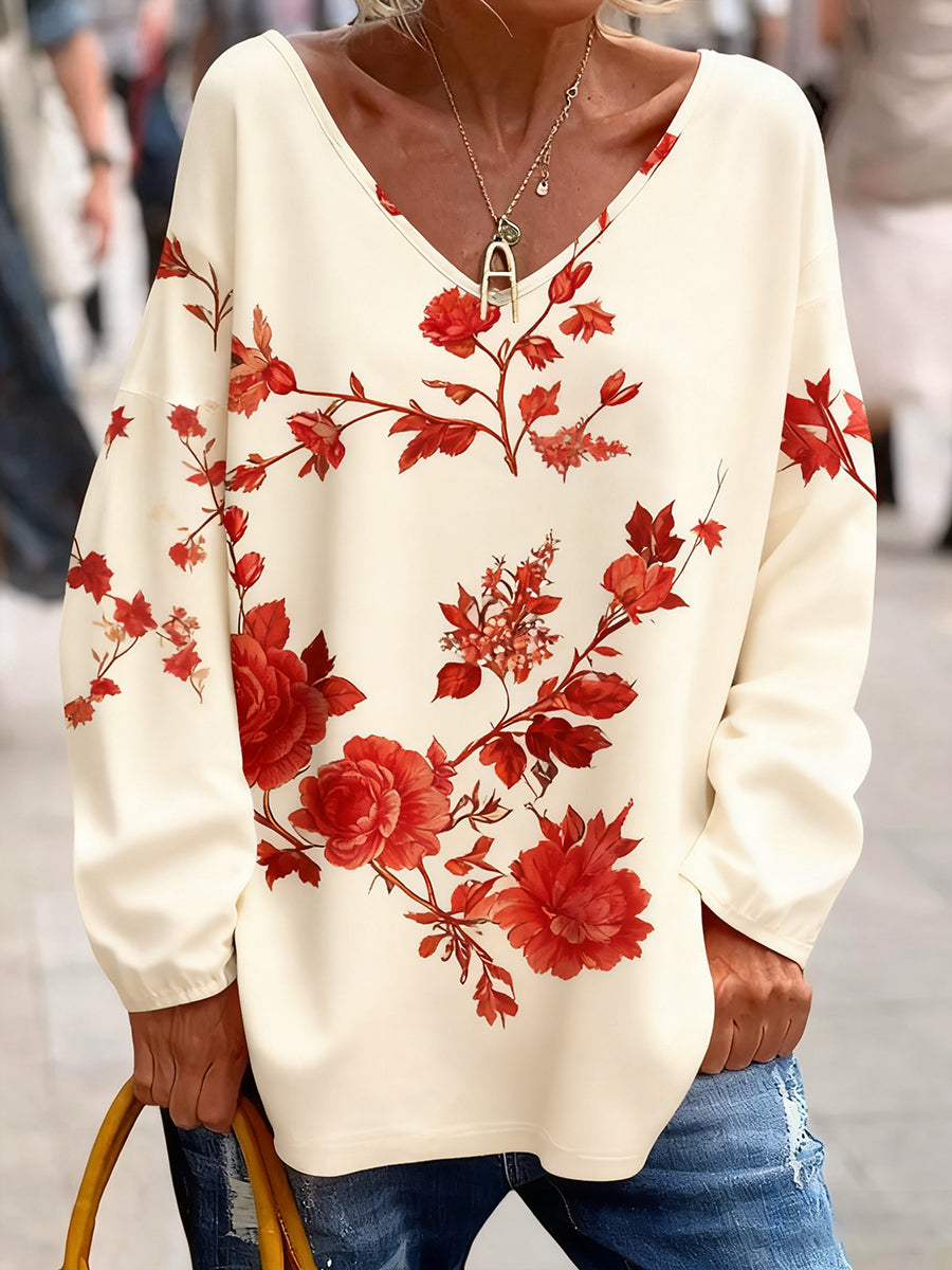 Women's Vintage Art Floral Print Comfort Top