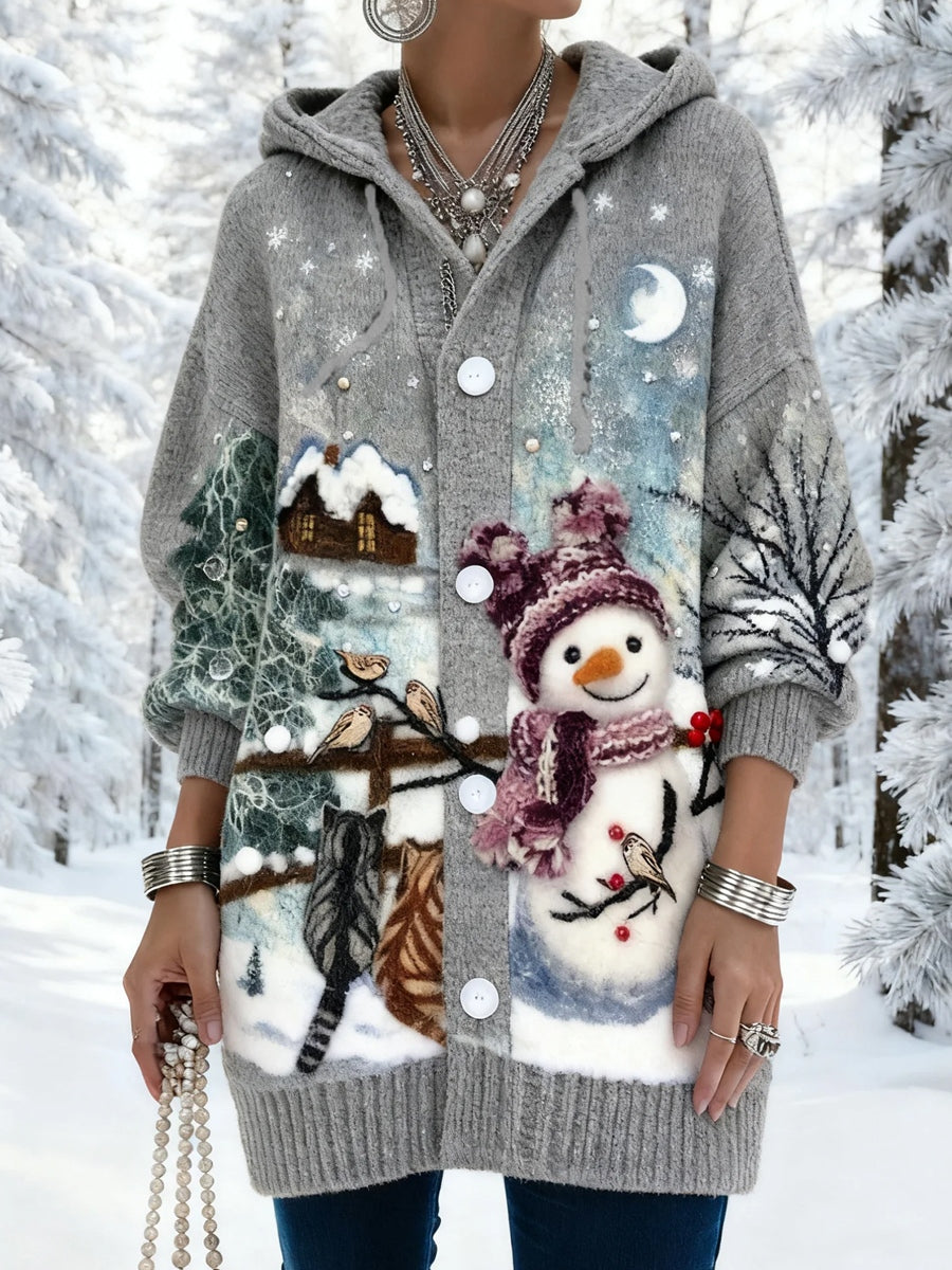 Women's Retro Christmas Art Print Casual Midi Hooded Cardigan
