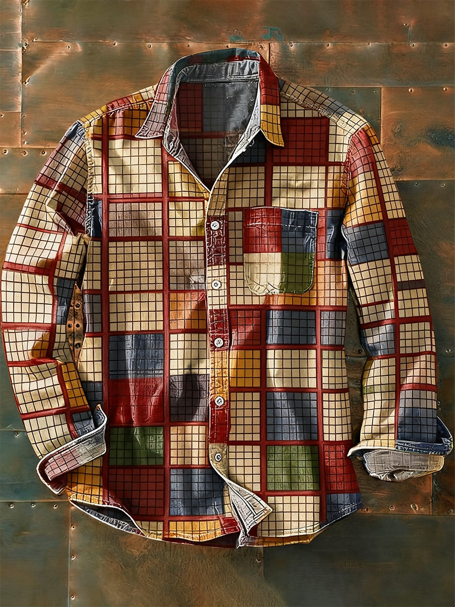 Men's Retro Abstract Art Print Casual Long Sleeve Shirt