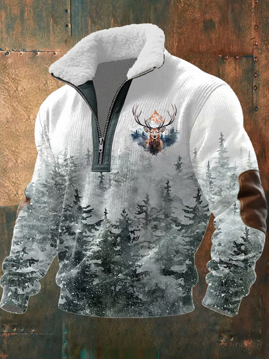 Ανδρικό φούτερ με φερμουάρ και ρετρό δυτικό σχέδιο, με γούνινο γιακά