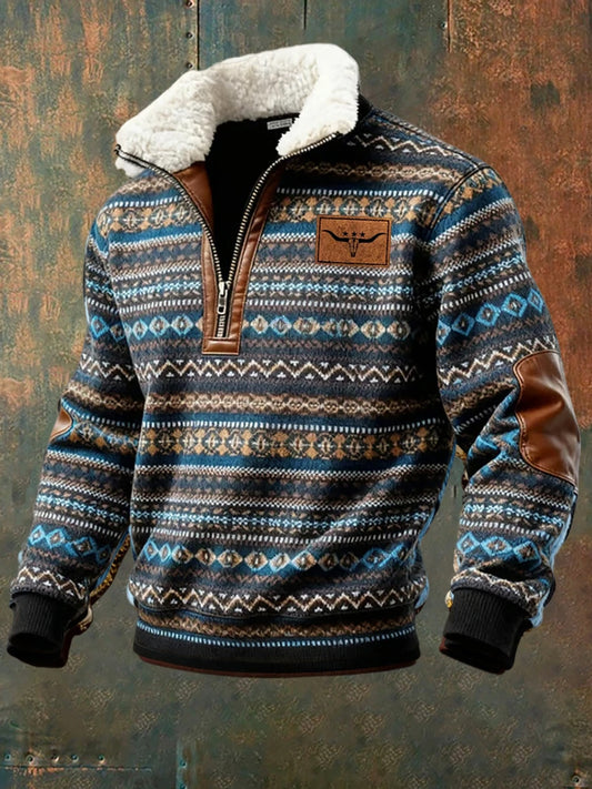Ανδρικό φούτερ με φερμουάρ και ρετρό δυτικό σχέδιο, με γούνινο γιακά