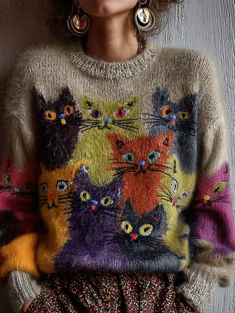 Γυναικείο Retro ζώα τέχνη εκτύπωση άνετο περιστασιακό πουλόβερ.