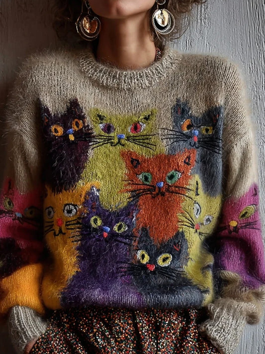Γυναικείο Retro ζώα τέχνη εκτύπωση άνετο περιστασιακό πουλόβερ.
