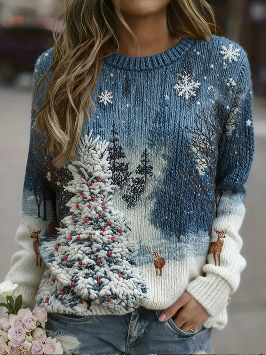 Γυναικεία Retro Χριστουγεννιάτικη τέχνη Εκτύπωση άνετο περιστασιακό πουλόβερ.