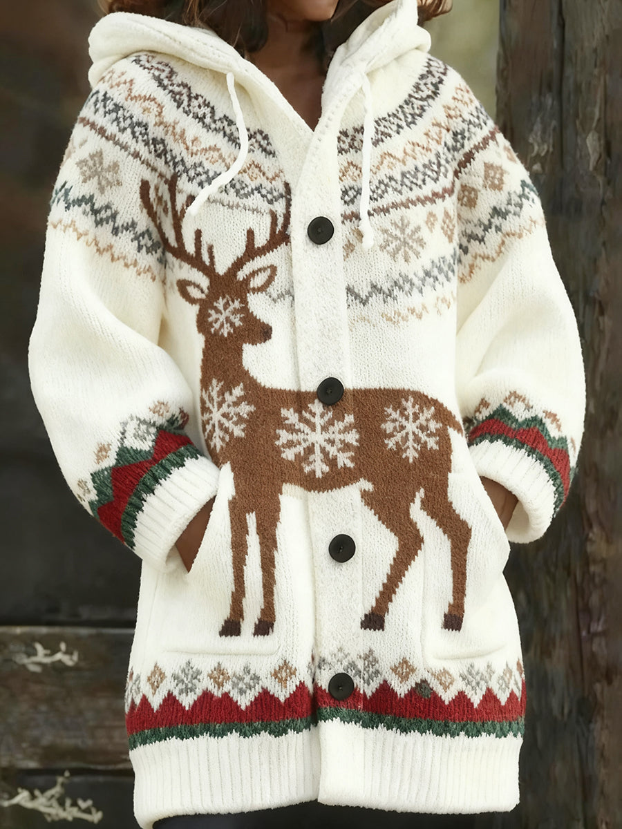 Γυναικών Retro Χριστουγεννιάτικη Τέχνη Εκτύπωση περιστασιακό Midi κουκούλας ζακέτα