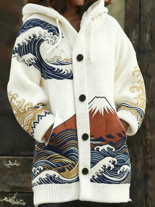 Γυναικών Retro Χριστουγεννιάτικη Τέχνη Εκτύπωση περιστασιακό Midi κουκούλας ζακέτα