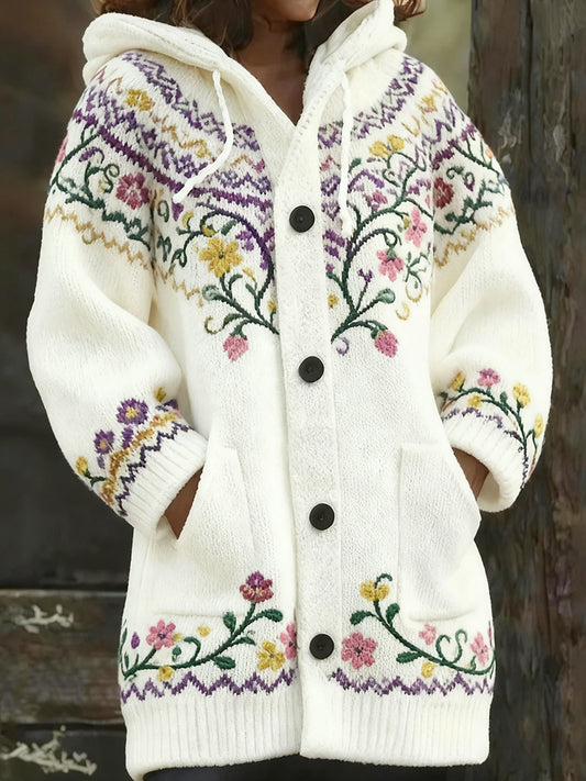 Γυναικών Retro Χριστουγεννιάτικη Τέχνη Εκτύπωση περιστασιακό Midi κουκούλας ζακέτα