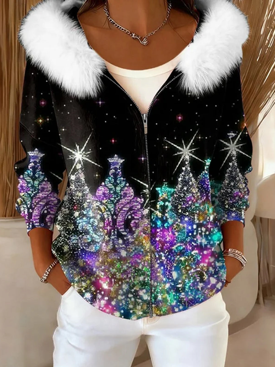 Γυναίκες Retro Χριστουγεννιάτικο Τέχνη άνετα Plush κουκούλας ζακέτα