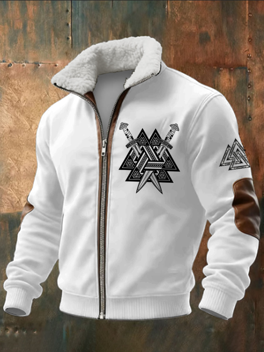 Ανδρικό τρίγωνο Viking τυπωμένο μακριά μανίκι στέκεται μέχρι κολάρο αρνότρι φερμουάρ κορυφαίο